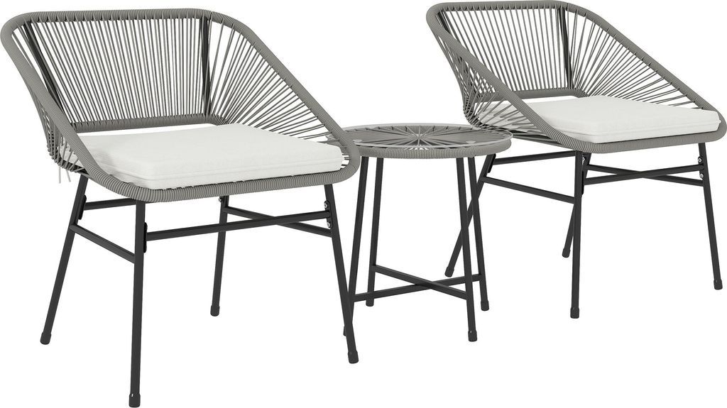 3-teiliges Outdoor-Möbelset, 1 Tisch, 2 Stühle, Rattan-Geflecht, Stahlrahmen, Kaffeetisch mit Glasplatte, Dunkelgrau