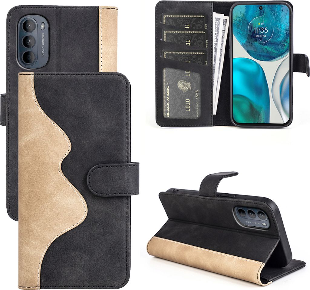 Für Motorola Moto G52 4G Design Handy Tasche Schwarz Etuis Kunst-Leder Hülle Cover