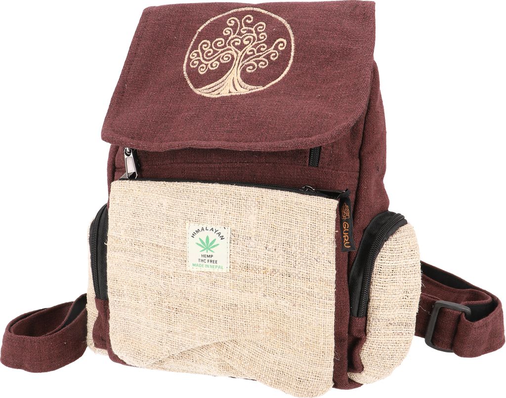 Ethno Hanf Rucksack, Backpack mit Stickerei - Braun, Uni - Erwachsene, Hanf,Baumwolle, 35*25*12 cm, Ausgefallene Stofftasche