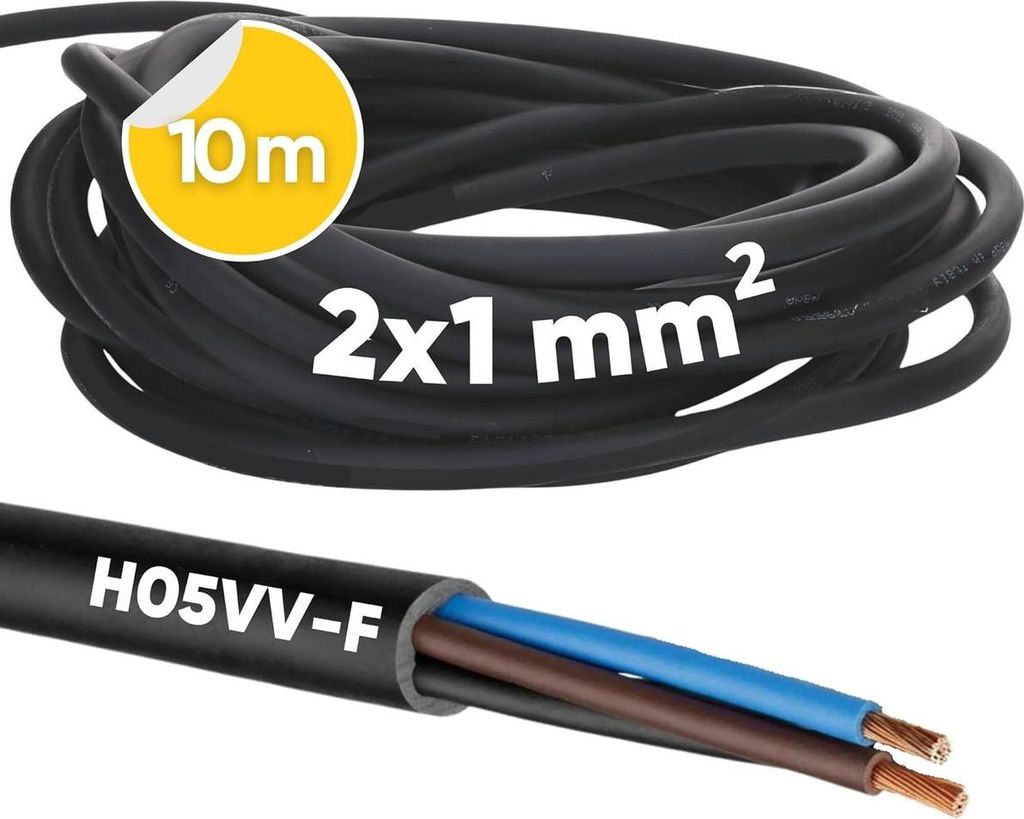 10 Meter Kalitec H05VV-F Schlauchleitung 2x1 mm² I Stromkabel ohne Schutzleiter I PVC Kabel für Innenbereich I Elektrokabel schwarz I Lampenkabel...