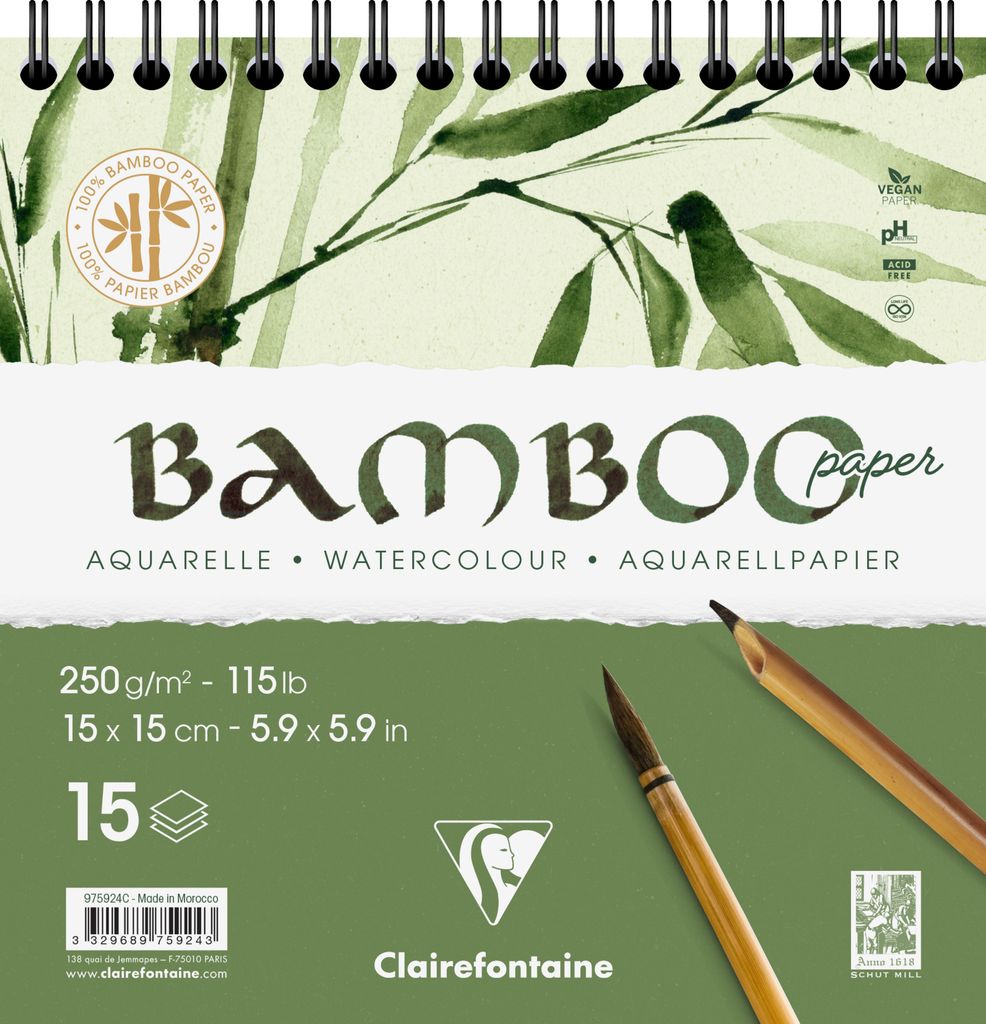 Clairefontaine 2x Bamboo, Spiralblock 15 Bl Bambuspapier, 15x15 cm, 250g 975924C