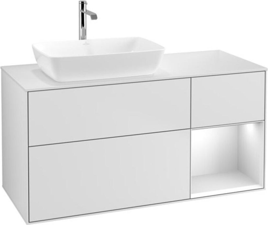 V&B Waschtischunterschrank Wandbeleuchtung Finion 120cm, Pl w m, Reg wh. m Lac, wh. m Lac