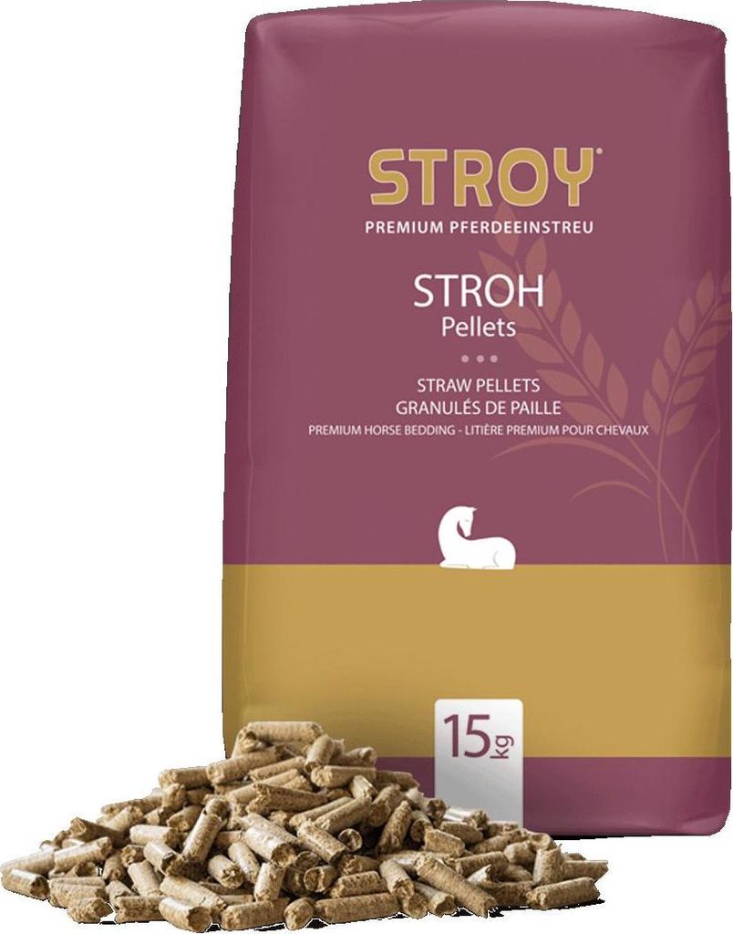 A bag of STROY Stroh Pellets with a pile of the pellets in front of it.