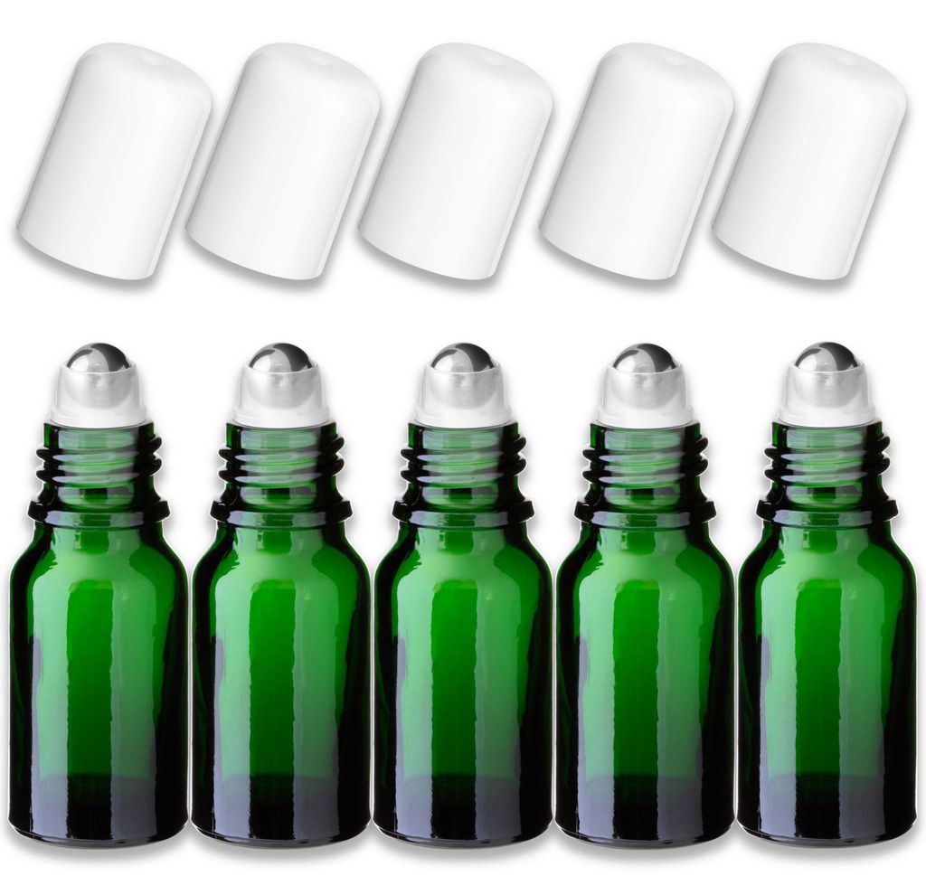 5x Grüne Glasflasche 10 ml Roll-On mit weißem Verschluss – Produktbild 