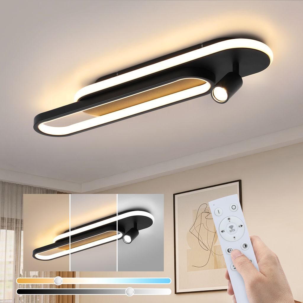 A modern black LED ceiling light with a spotlight, shown on a white ceiling. The lower part of the image displays different lighting effects and color temperatures, controlled by a remote.