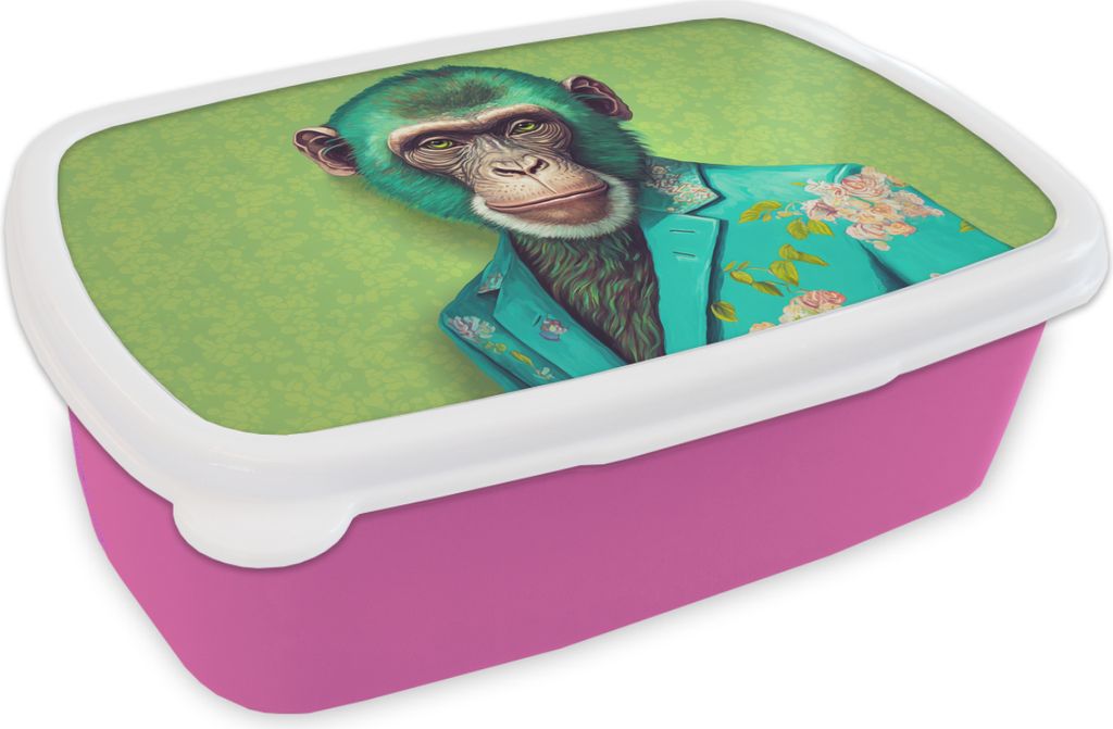 KitchenYeah Lunchbox Brotzeit Brotdose 17x11 cm Affe - Colbert - Blumen - Neon - Porträt Kinder Brotzeitdose - Lunchpaket - Brotkasten - Sandwi...