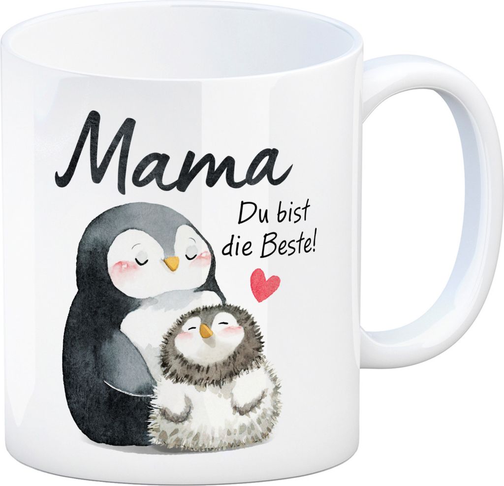 Pinguin Mutter und Kind Kaffeebecher mit Spruch Mama du bist die Beste