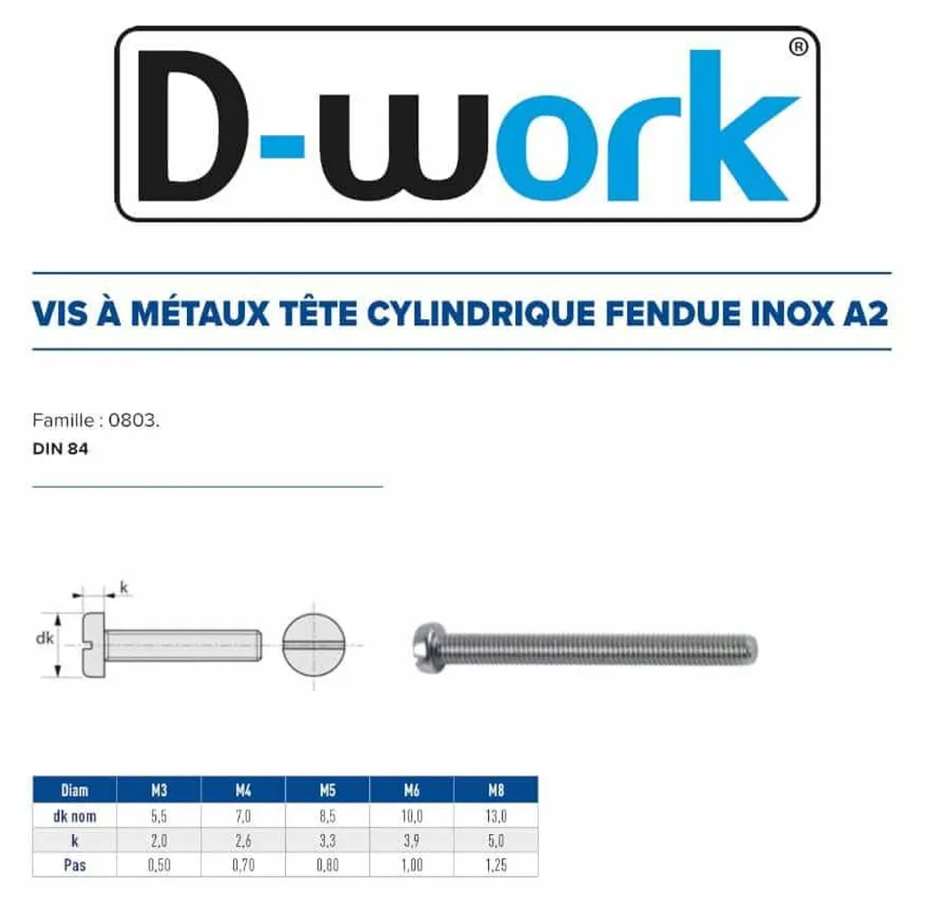 Vis Métaux Tête Cylindrique Fendue 4x60 mm DIN 84 Inox A2 D-Work x200