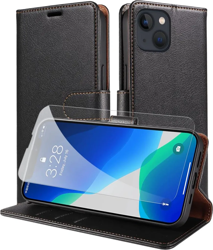 Étui à rabat noir iPhone 13 en cuir PU et verre trempé haute protection