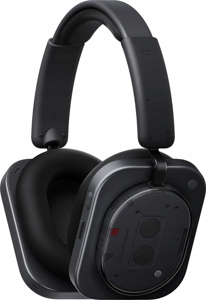 A pair of black headphones shown from a diagonal angle.