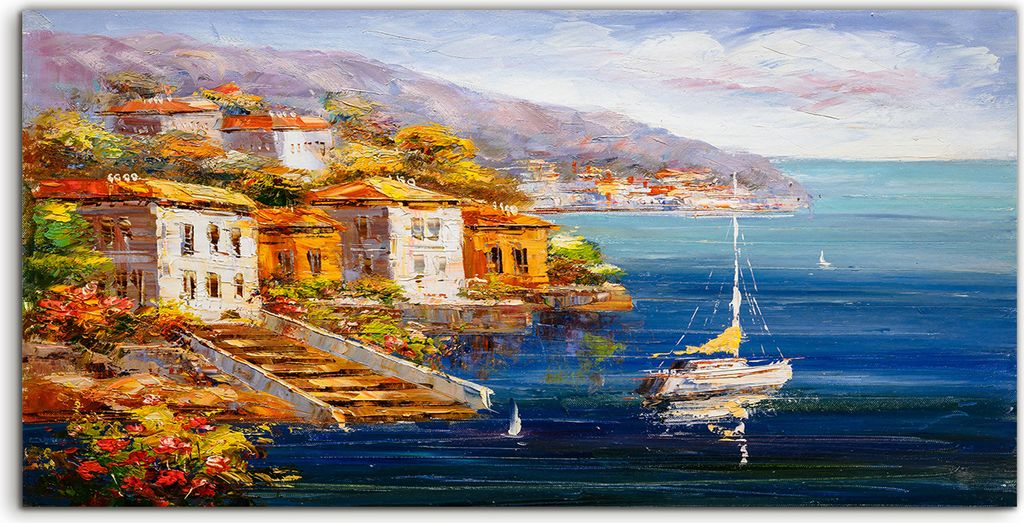 Coloray Spritzschutz aus Glas 120x60 Wandkunst Küchenrückwand Griechenland Boot Wasser Bäume Gebirgs