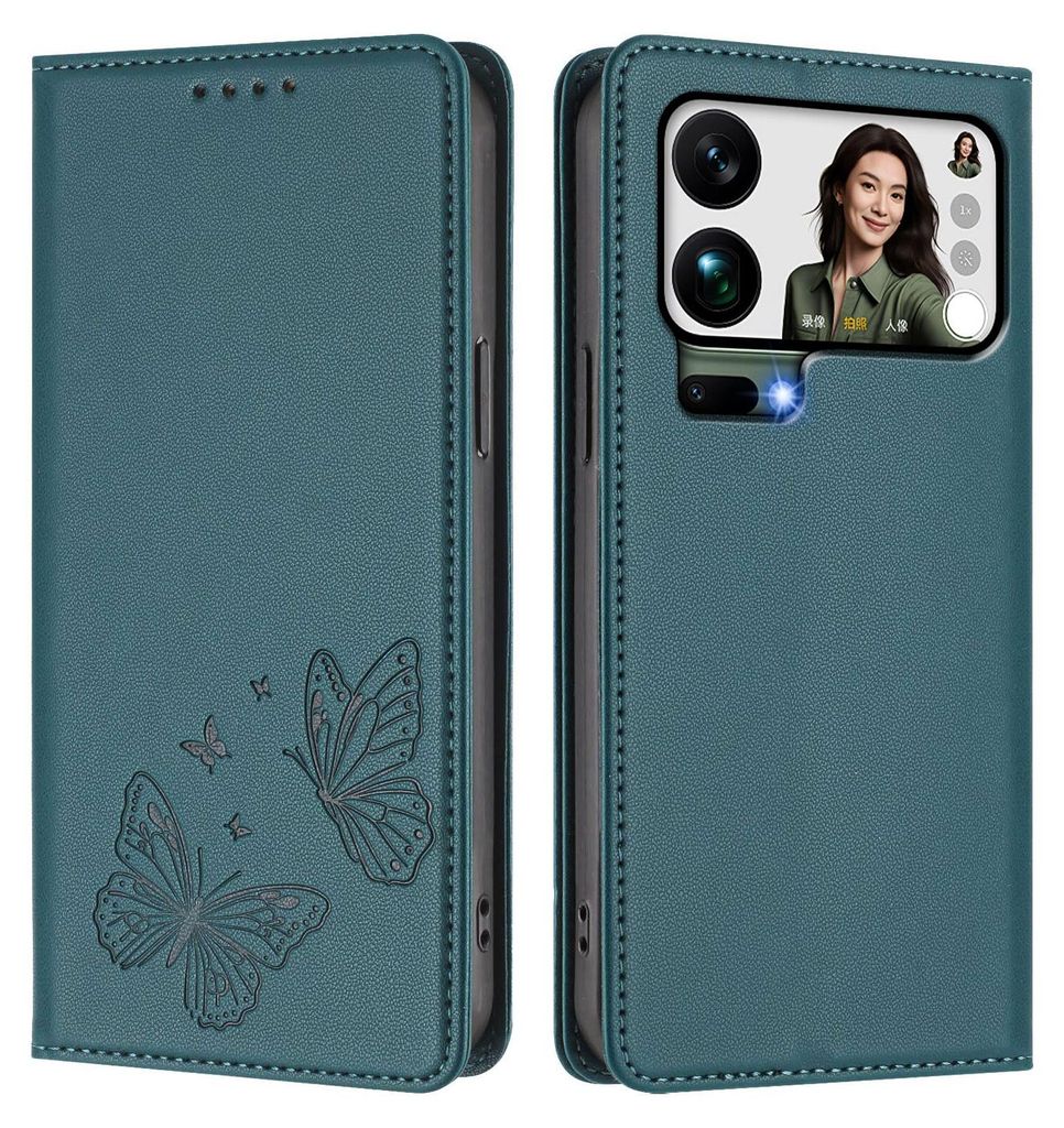 Lederhülle für Xiaomi 17 Pro Max, Schmetterling Prägung Leder Brieftasche Schutzhülle mit Ständer Grün