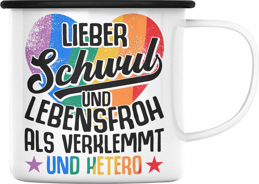 Trendation - LGBT Emaille Tasse Geschenk für Schwule Lesben Transgender Regenbogen Lustige Grafik Regenbogen LIeber Schwul Und Hetero Als Verklemm...