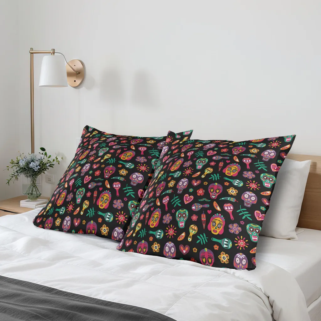 ABAKUHAUS Giorno dei Morti Fodera per cuscino Confezione da 2, Motivo ripetitivo con colori messicani, Fodera per cuscino decorativa stampata, 80x80 cm, Grigio antracite Multicolore