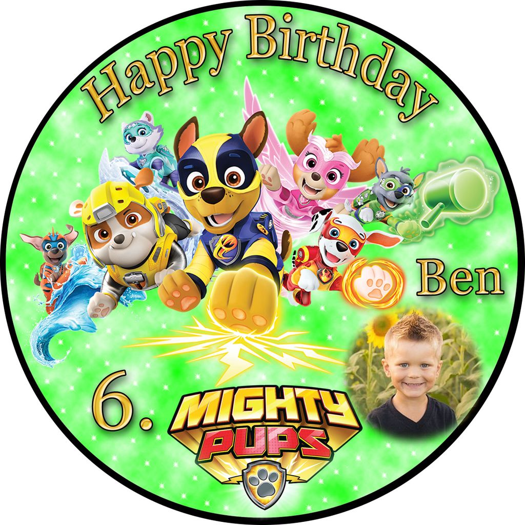 Tortenaufleger Fototorte Tortenbild Kindergeburtstag Paw Patrol Mighty Pups PP04 (Zuckerpapier) Rund 20 cm Ø mit Foto Grün