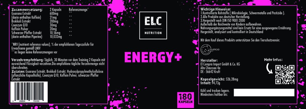 ELC Nutrition Energy Plus 180 kapsl | Guarana | Kofen | Obrázok produktu 