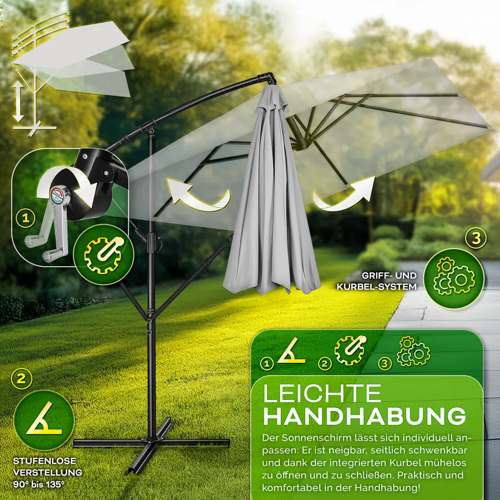 tillvex® Ombrellone in alluminio rettangolare Ø 330 cm grigio + copertura con manovella | Ombrellone quadrato con supporto e parabrezza | Ombrellone da giardino in alluminio con protezione UV | Ombrellone a manovella impermeabile ruotabile a 360 gradi - 4