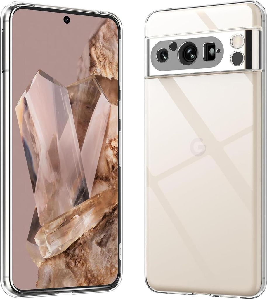A clear protective case for a Google Pixel 8 Pro phone, shown from the front and back.