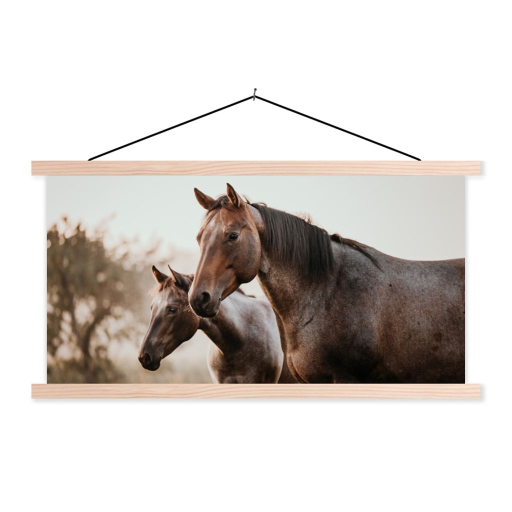 MuchoWow Textilposter Pferde - Natur - Braun 120x60 cm mit holzfarbenen Rahmen - Klemmleiste
