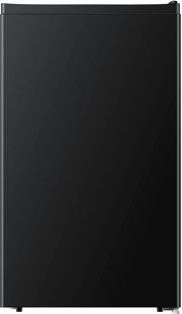 A full-frame, straight-on view of a black refrigerator.