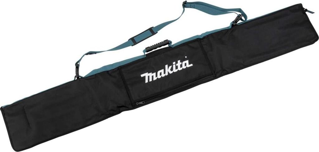 A black tool bag with teal accents and a shoulder strap, lying diagonally on a white background.