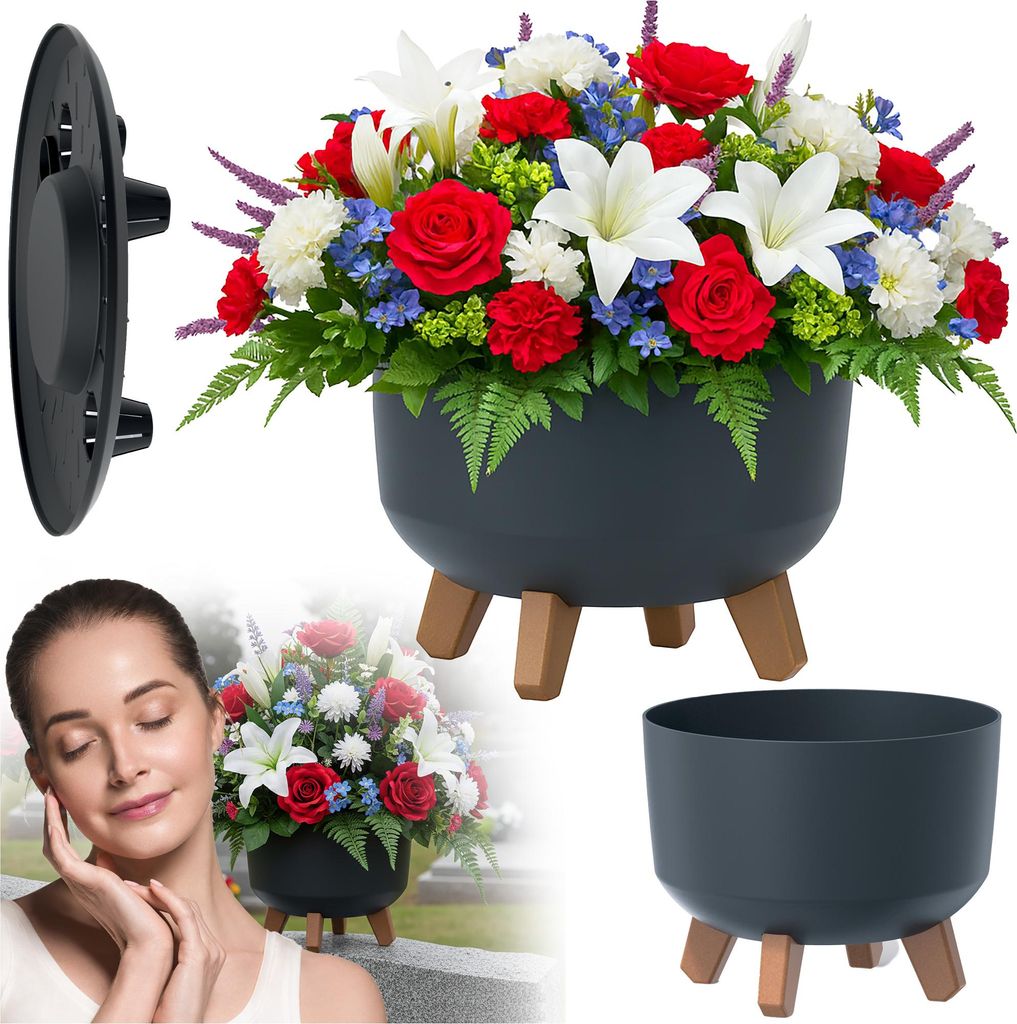 A collage of product images including a flower pot with flowers, a woman, and separate product components.