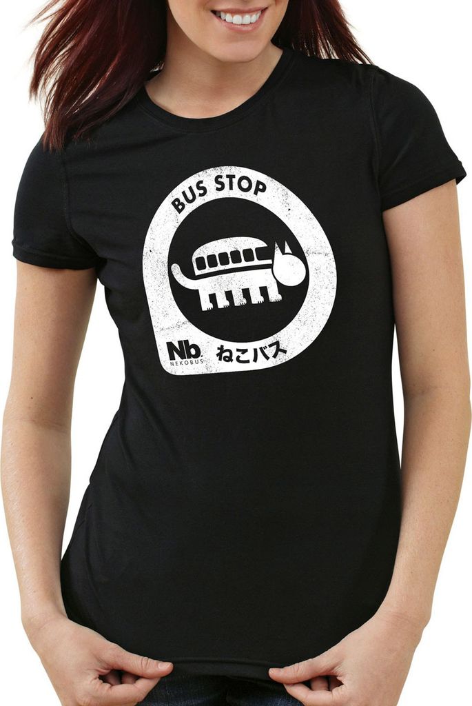 style3 Totoro Nekobus Damen T-Shirt stop neko mein nachbar anime tonari no, Farbe:Schwarz, Größe:XL