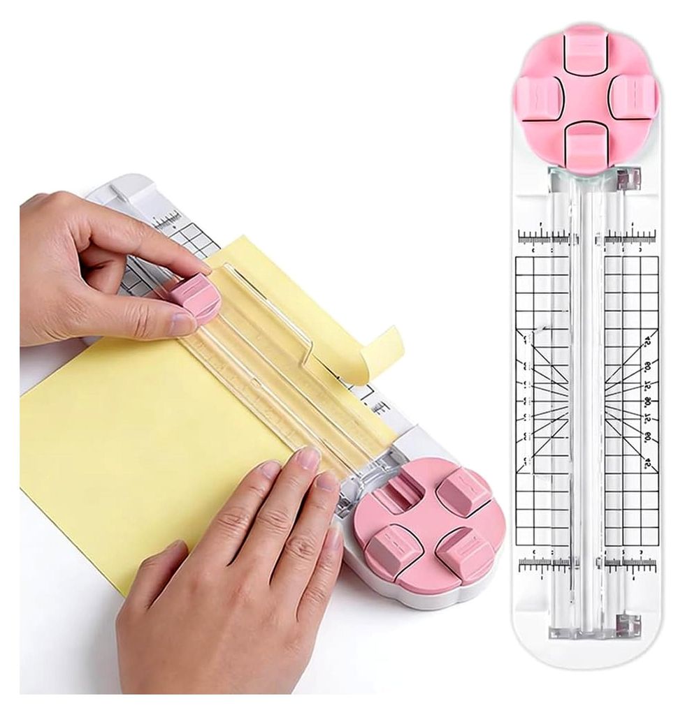 4-in-1 Papierschneider, Multifunktionale Schneidemaschine für Papier mit Schnittlinienführung und Seitenlineal, Rosa