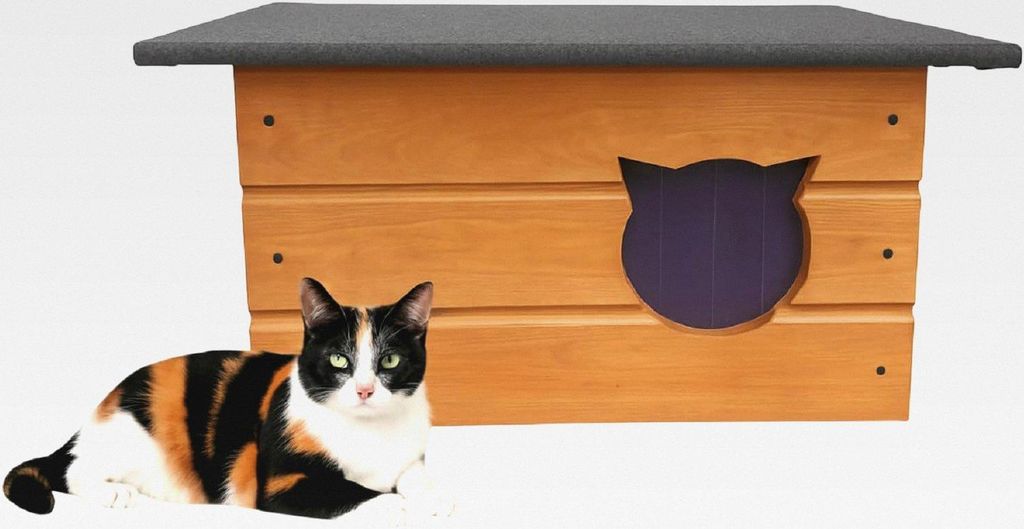 Isoliertes Katzenhaus aus Holz 60x40x40 cm – Winterfester Rückzugsort mit Styropor-Dämmung & flexiblem Vorhang, Teak