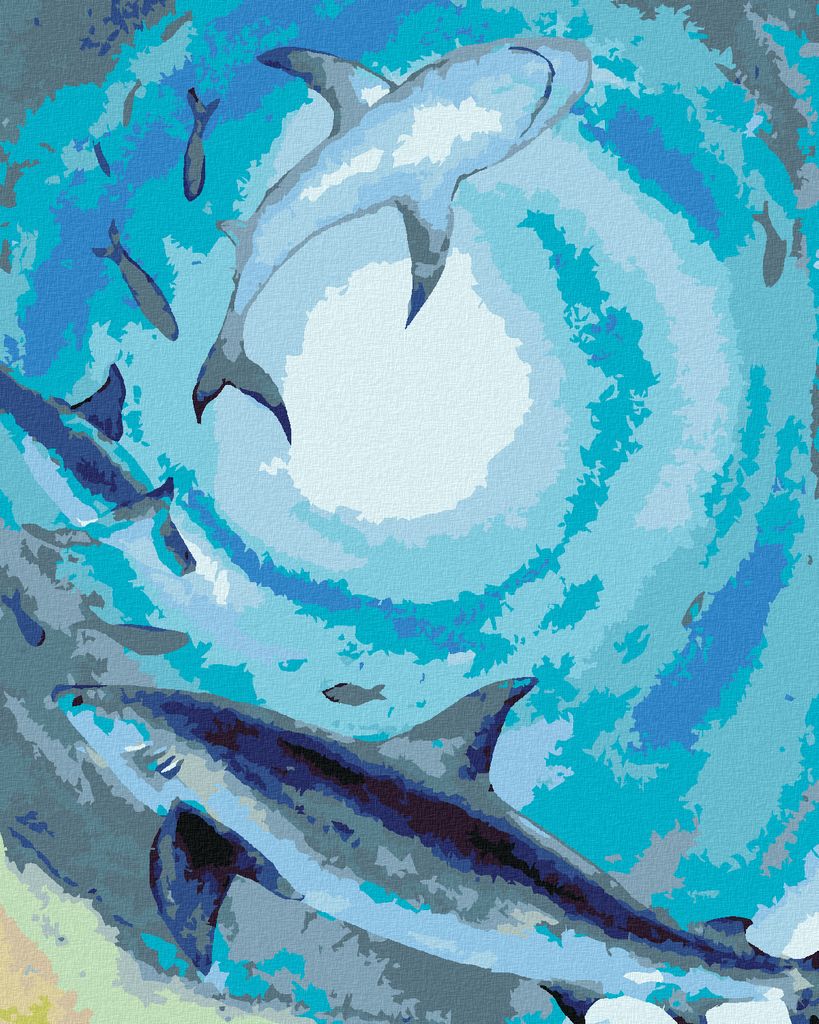 Zuty - Malen nach Zahlen - EIN SCHWARM VON HAIEN UND FISCHEN, DIE IM DUNKLEN MEER SCHWIMMEN, 40x50 cm, mit Keilrahmen (bereits gespannt)