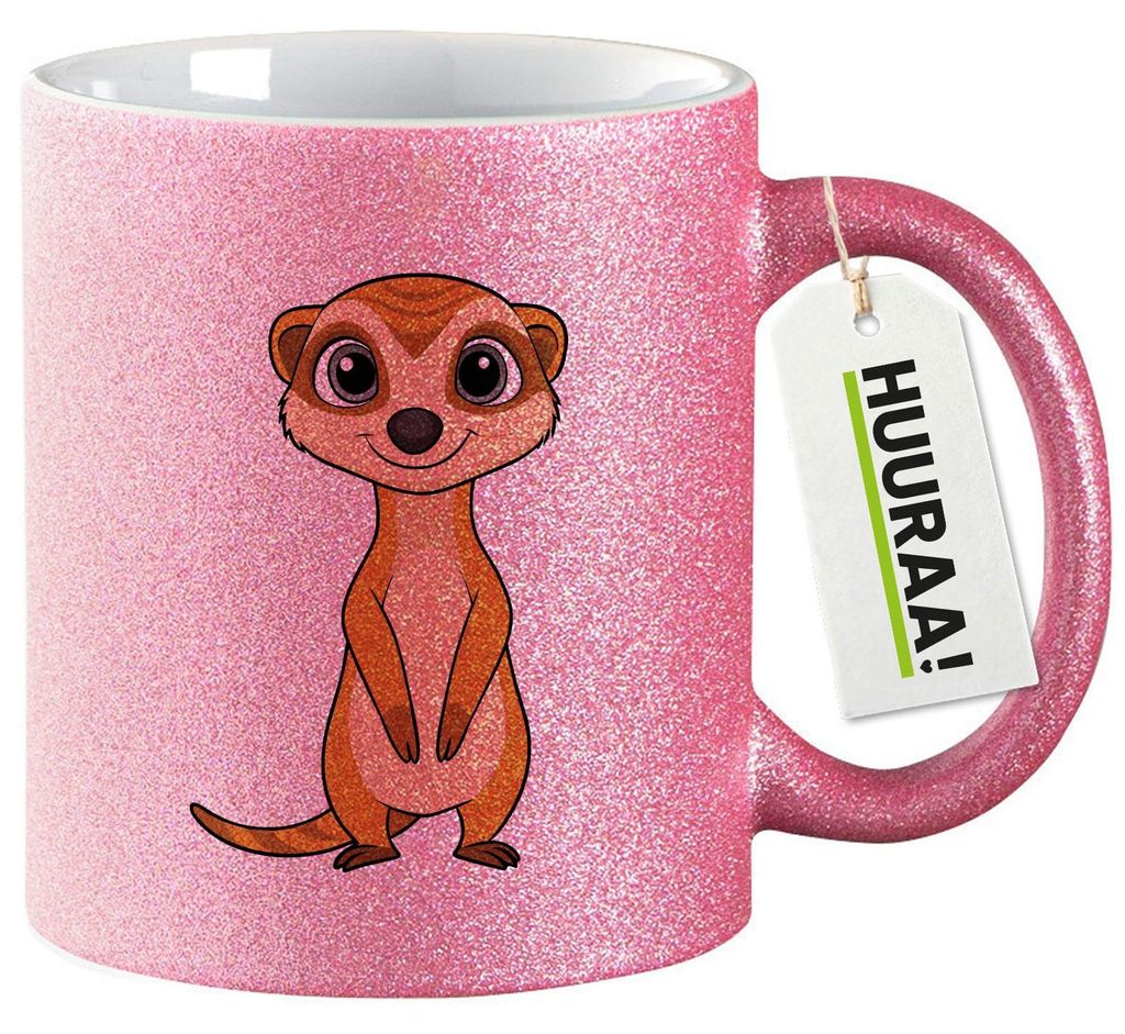 Huuraa Glitzertasse Erdmännchen Comic 330ml Pink Keramik Kaffeebecher Geschenkidee