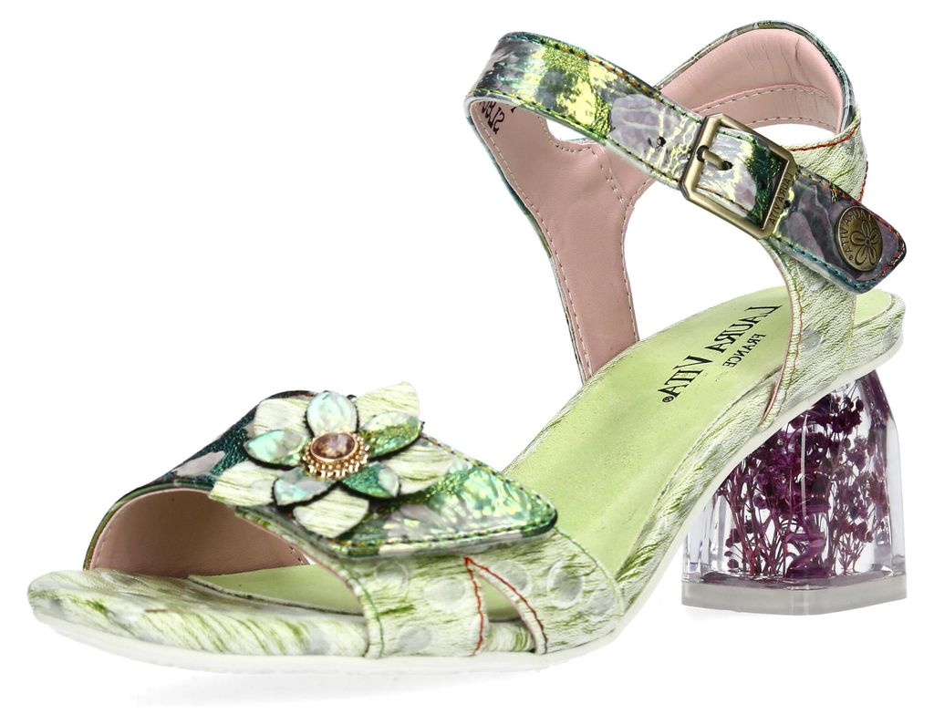 Laura Vita Damen Sandalette Metallic Schimmer Blumenapplikation Framboiseo 16, Größe:40 EU, Farbe:Grün