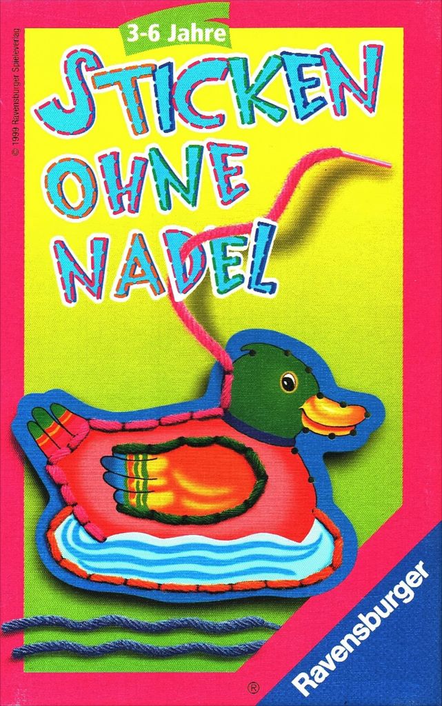 The image shows the packaging for a Ravensburger "Sticken ohne Nadel" (Stitching without a needle) craft kit for children aged 3-6 years. The packaging features a colorful illustration of a duck being stitched with yarn, along with the product title and ag