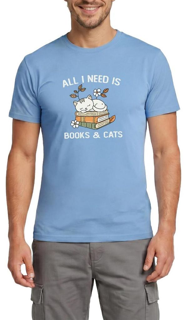 Spreadshirt All I Need Is Books & Cats | Katze Und Bücher Männer T-Shirt, S, Carolina Blue