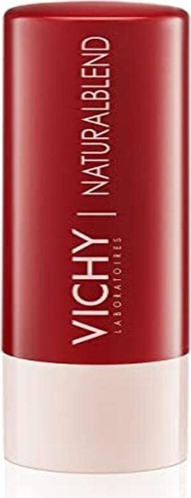 A close-up product shot of a red and white lip balm tube.