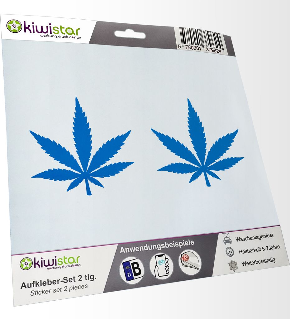 Kiwistar - 2x Kennzeichenaufkleber - blau - 21 mm Hanfblatt - Hashisch - Cannabis - Kennzeichen Aufkleber Sticker Nummernschild