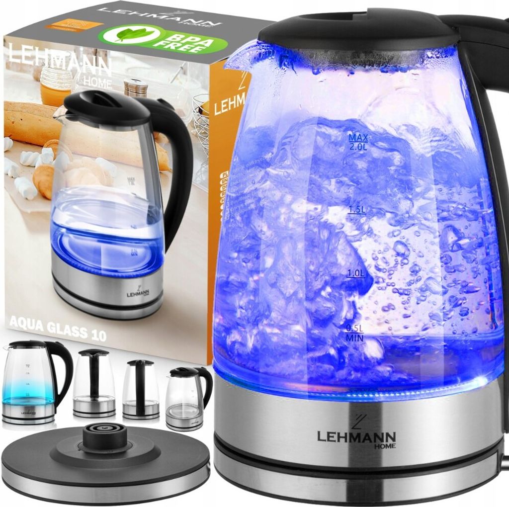 Elektrischer Wasserkocher Led Glas 2L 2200W Schnurlos Energieeffizient