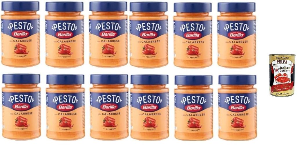Barilla Pesto alla Calabrese, Italienische Nudelsauce ohne Gluten, 190g, 12er Pack, + Italian Gourmet polpa 400g