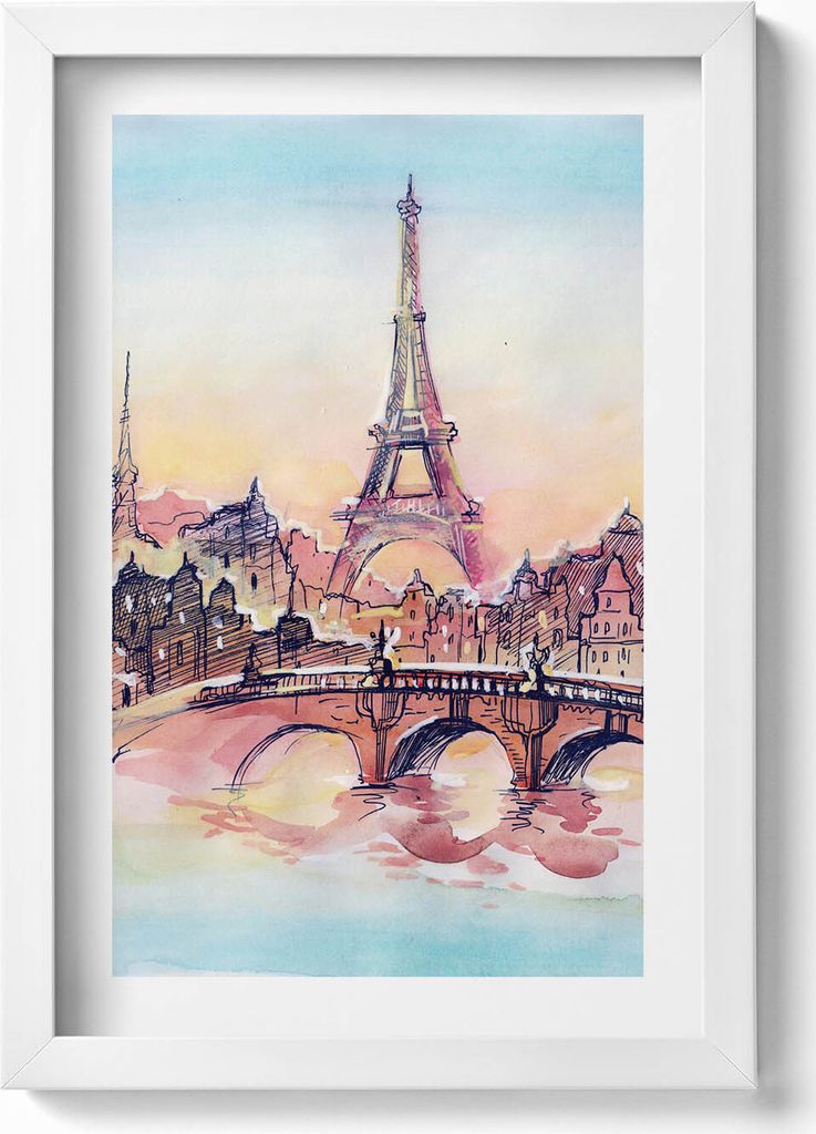 Gemalte Ansicht von Paris– Wandbild mit Rahmen – Gerahmtes Bild – Wanddekoration – 20x30 cm – Weiß