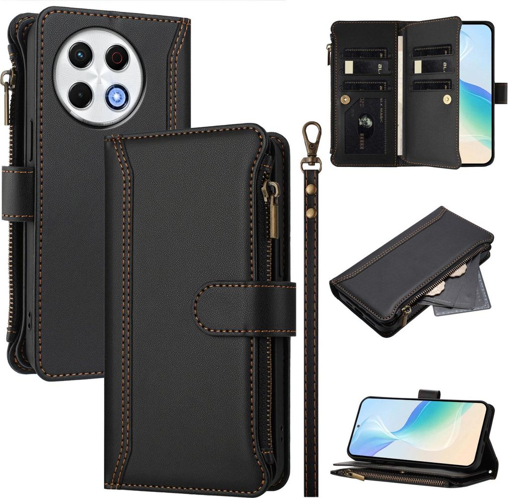 Handyhülle für Tecno Spark 30 Pro Reißverschluss Geldbörse Kunstleder Klapphülle mit Kartensteckplatz, Ständer, Handschlaufe Schwarz