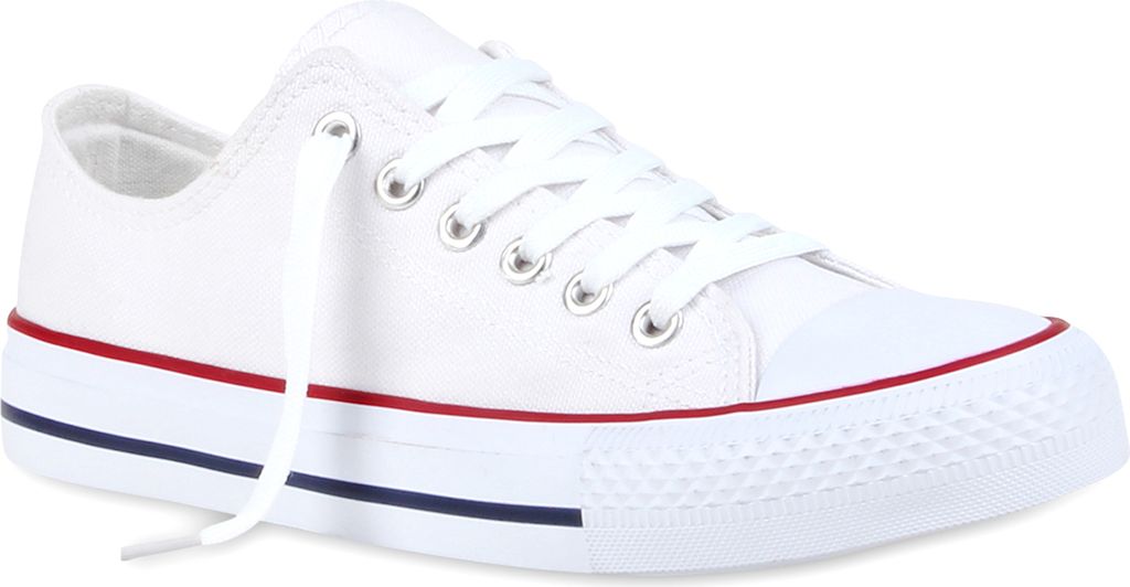Mytrendshoe Damen Sneakers Kult Schnürer Sportschuhe Freizeit Schuhe 76957, Farbe: Weiß Rotstreifen, Größe: 36