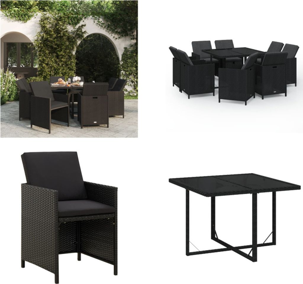 vidaXL 9 tlg. Garten Essgruppe mit Auflagen Poly Rattan Schwarz - Garten-Essgruppe - Garten-Essgruppen - Outdoor-Essgruppe - Terrassen-Essgruppe