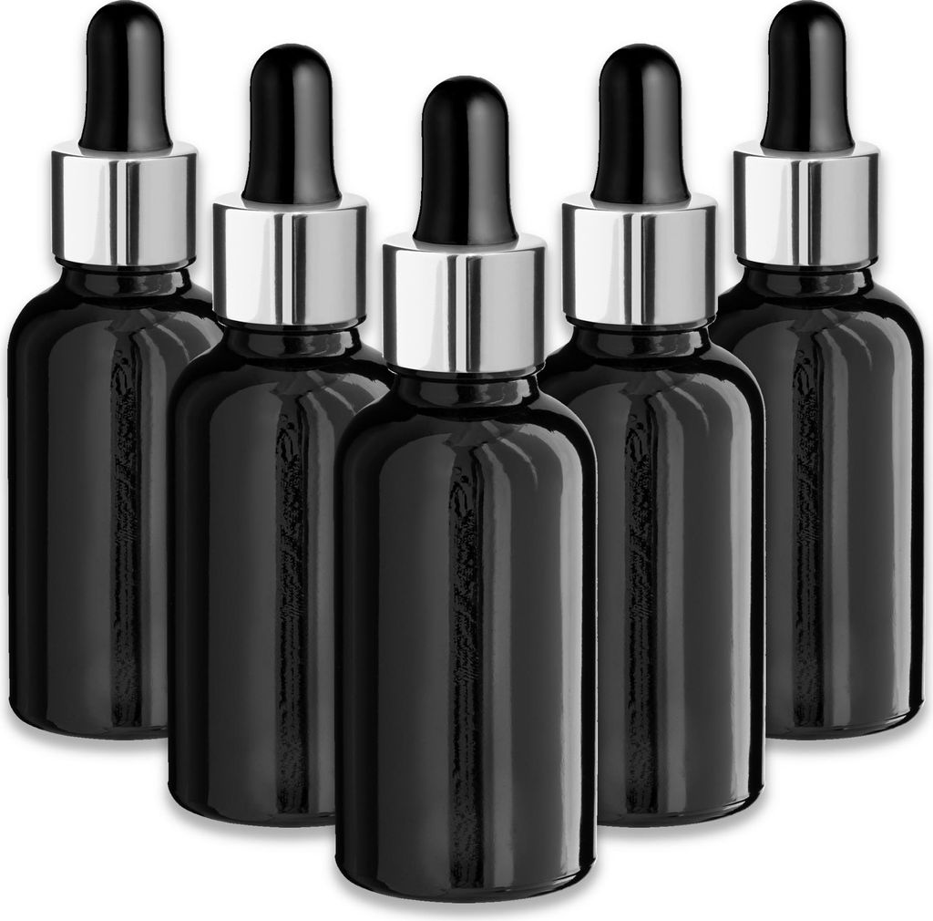 5x Schwarze Glasflasche 30 ml mit silberner Aluminium-Pipette – Tropfflasche