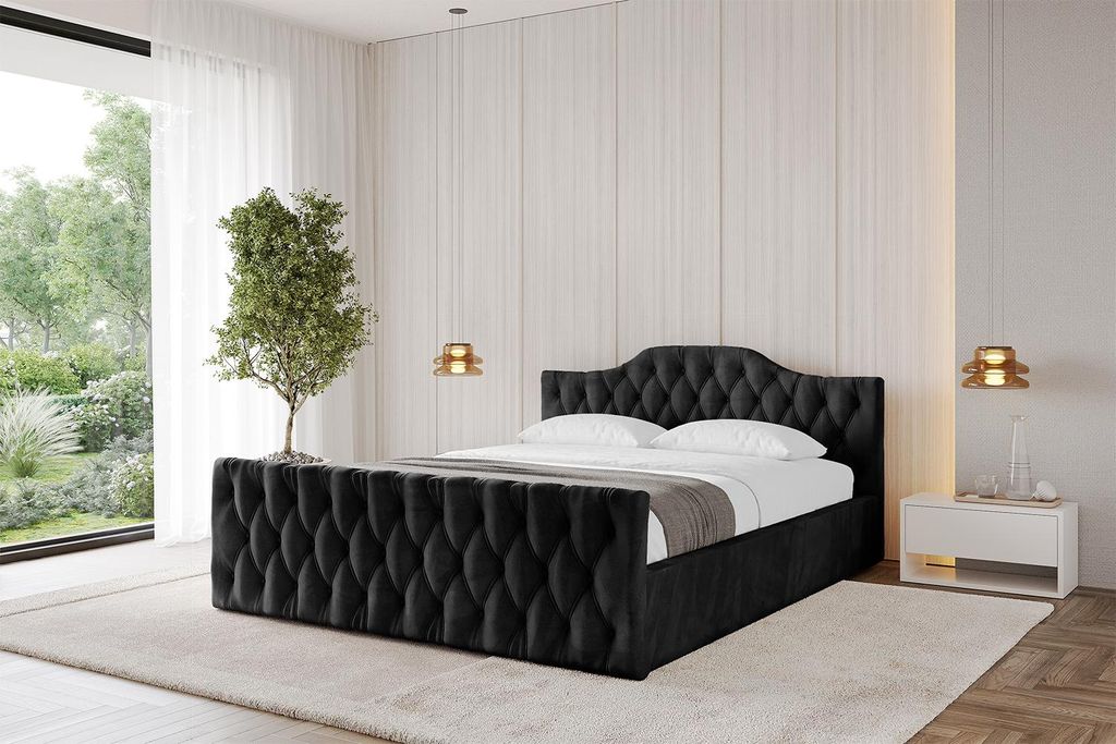 ALTDECOR Polsterbett mit Bettkasten - FALIO-Z-v1 - 160x200 Schwarz Casablanca - Bett mit Matratze H3/H4, Kopfteil und Fußteil, Boxbett, Doppelbet...