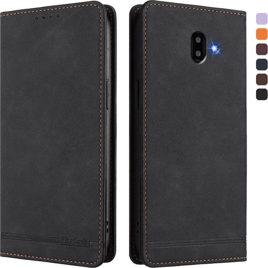 Hülle für Samsung Galaxy J6 Plus, Retro Kunstleder Ständer Klapphülle mit Kartenfächer und Magnetische Schwarz