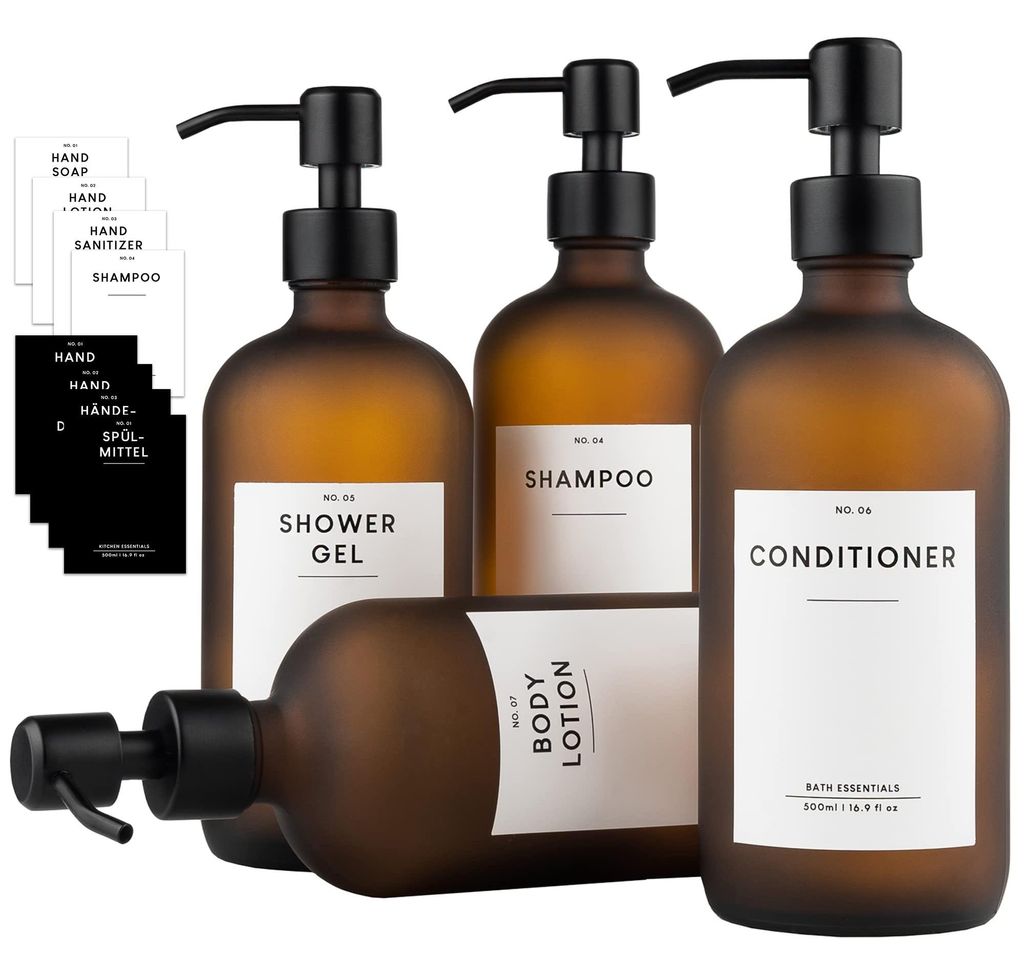 4er-Set Seifenspender aus braunem, mattem Glas | Nachfüllbare 500-ml-Shampooflaschen | Spülmittelspender für die Küche | Edelstahl-Pumpspender ...