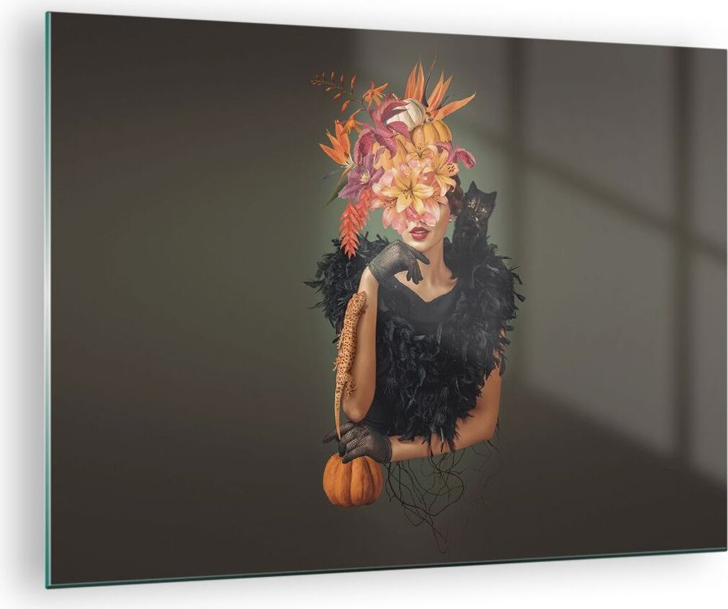Bilder auf glas - Einteilig - Frau Katze Blumen - 70x50cm - Glasbilder - Wandbilder - Bilder - zum Aufhängen bereit - Wanddekoration aus Glas - Gl...
