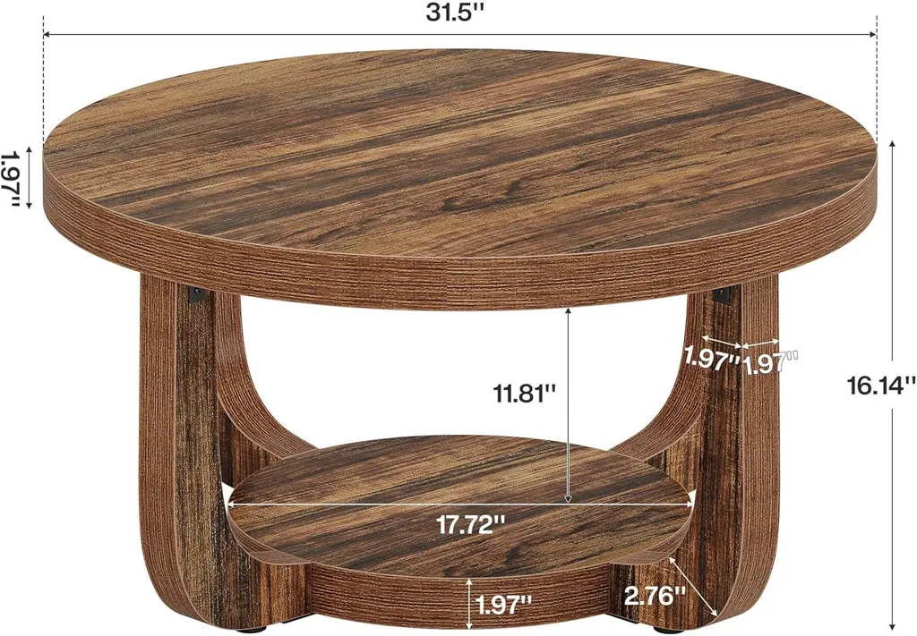 Table Basse Ronde Plateau Épais et Double Rangement Marron Rustique 80cm - 2