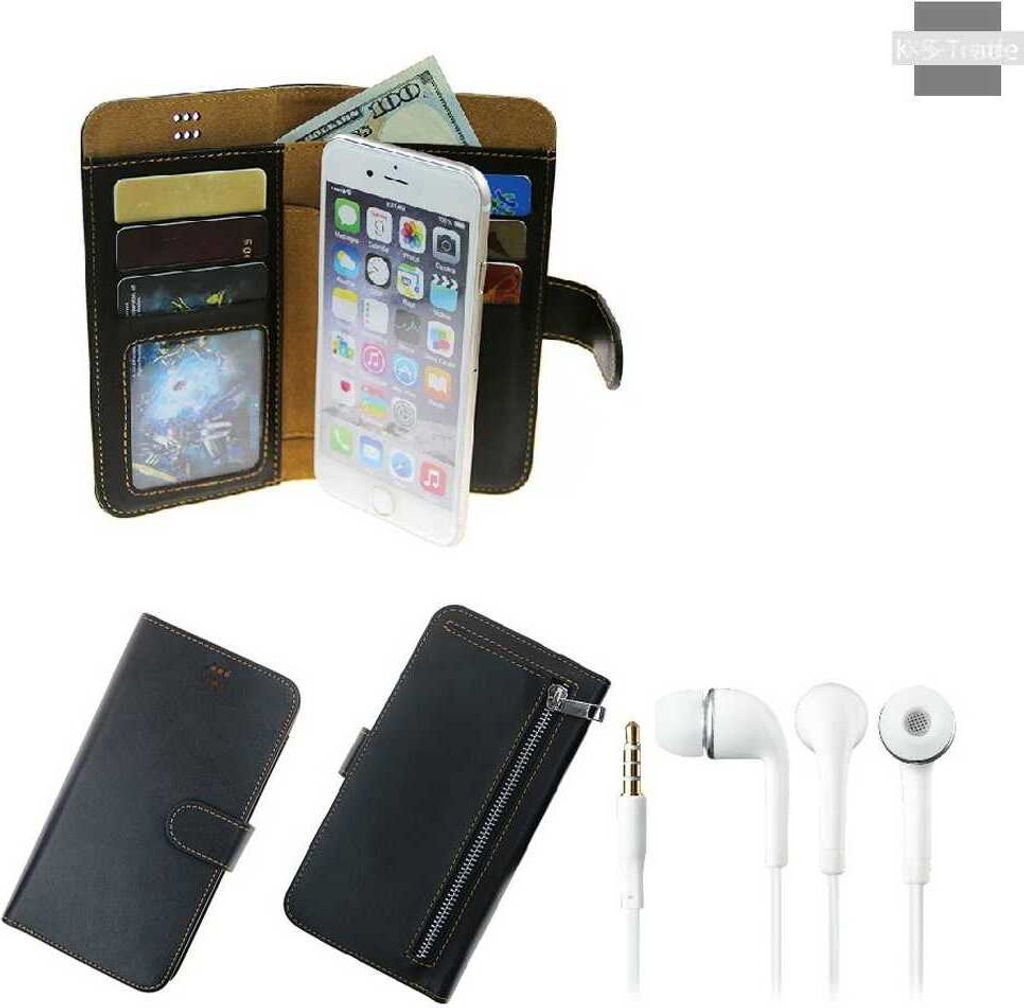 TOP SET Handy Hülle Schutz Hülle kompatibel mit Huawei P Smart+ 2019 schwarz aus Kunstleder + Kopfhörer Smartphone Tasche vollwertige Geldbörse