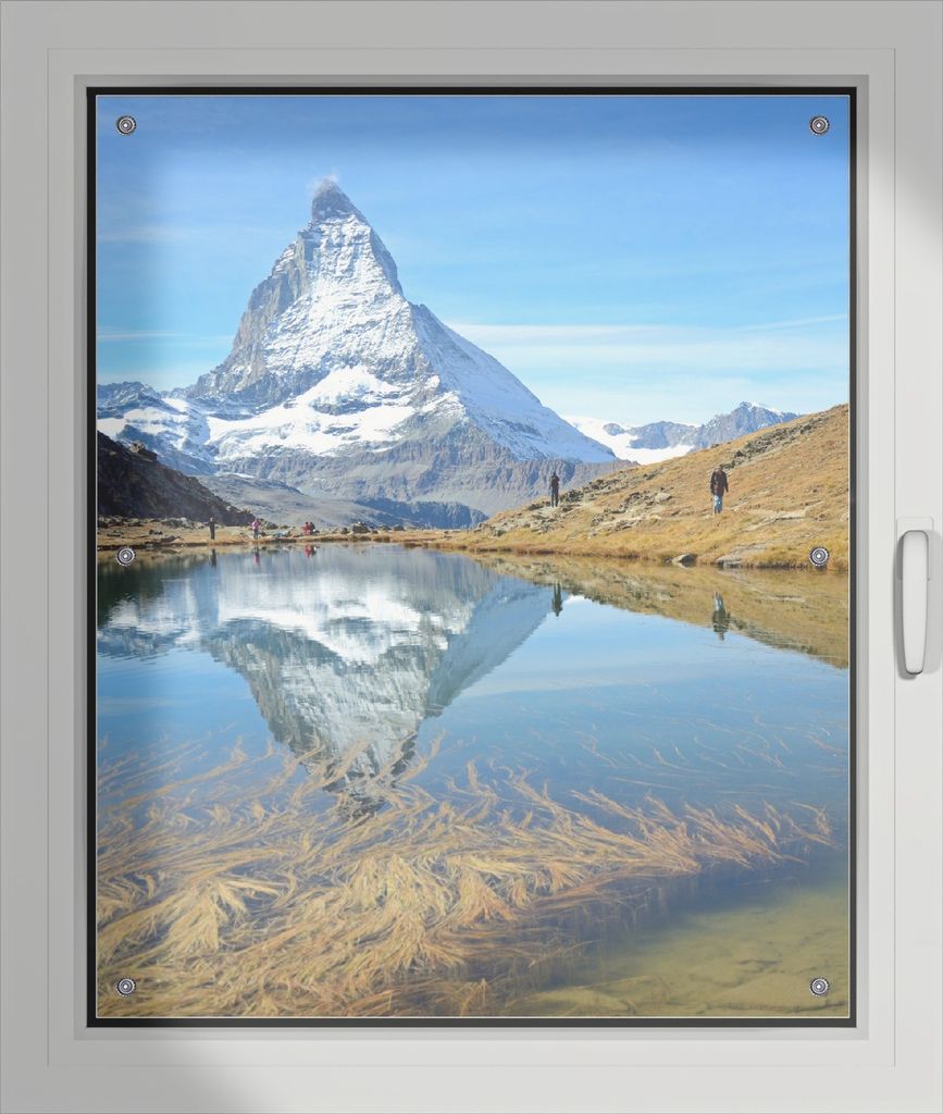 Wallario Lichtschutzbild, Dekorativer Sichtschutz Sonnenschutz 76 x 93 cm mit Motiv: Matterhorn - Spiegelung im See - Verdunklung ohne Bohren